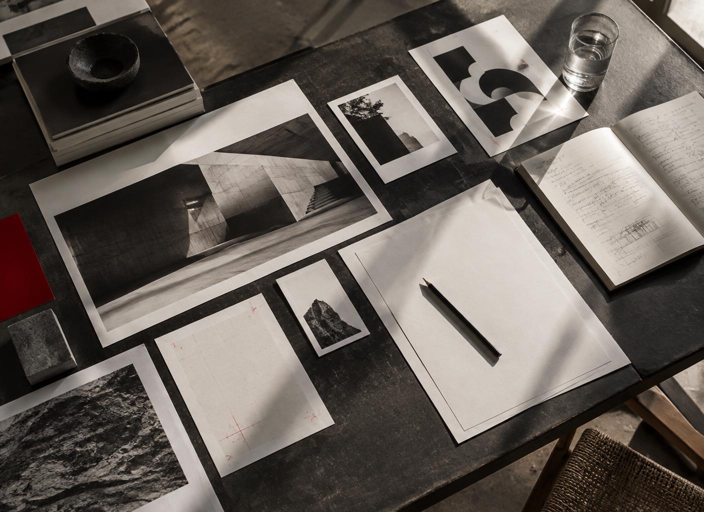 Prints and working materials laid out on a studio table