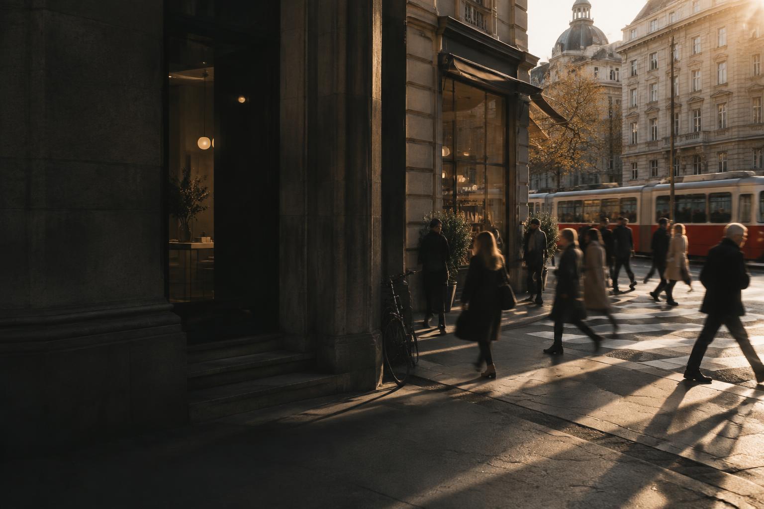 People crossing a European city street in the afternoon